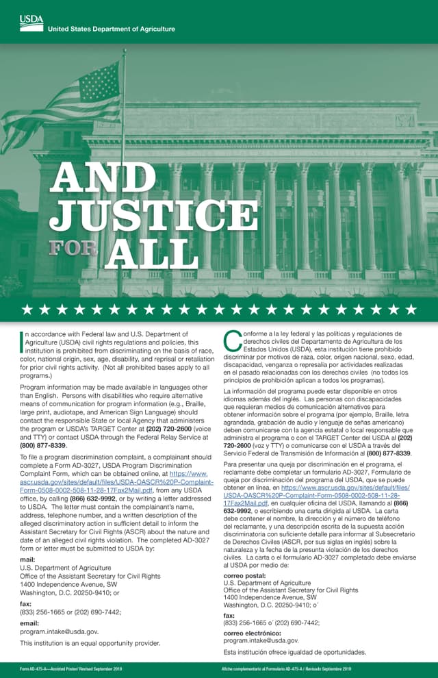 USDA And Justice for All poster, nondiscrimination policy (English and Spanish)